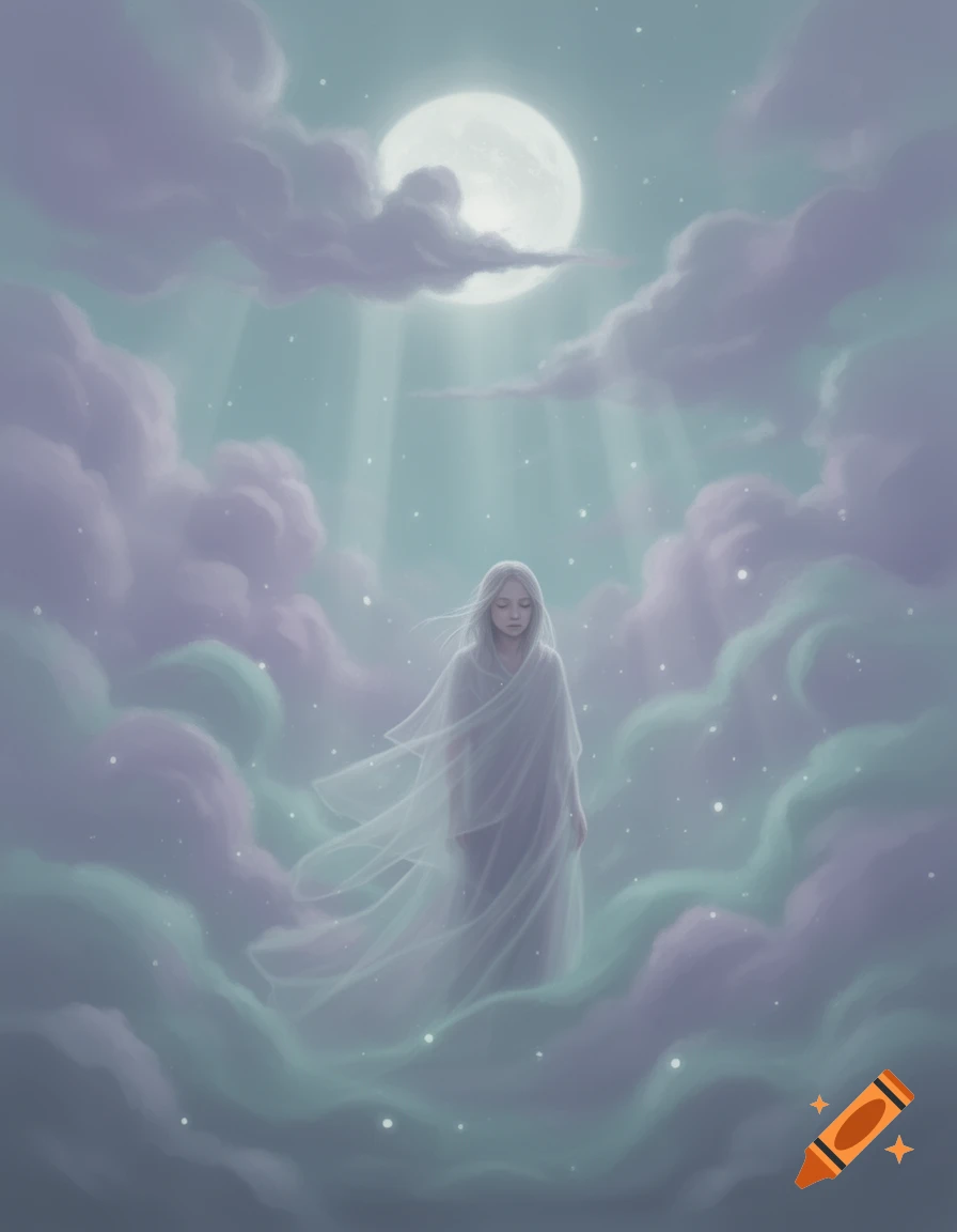 An ethereal woman in a flowing white dress stands among pastel clouds under a bright full moon, with light rays descending.