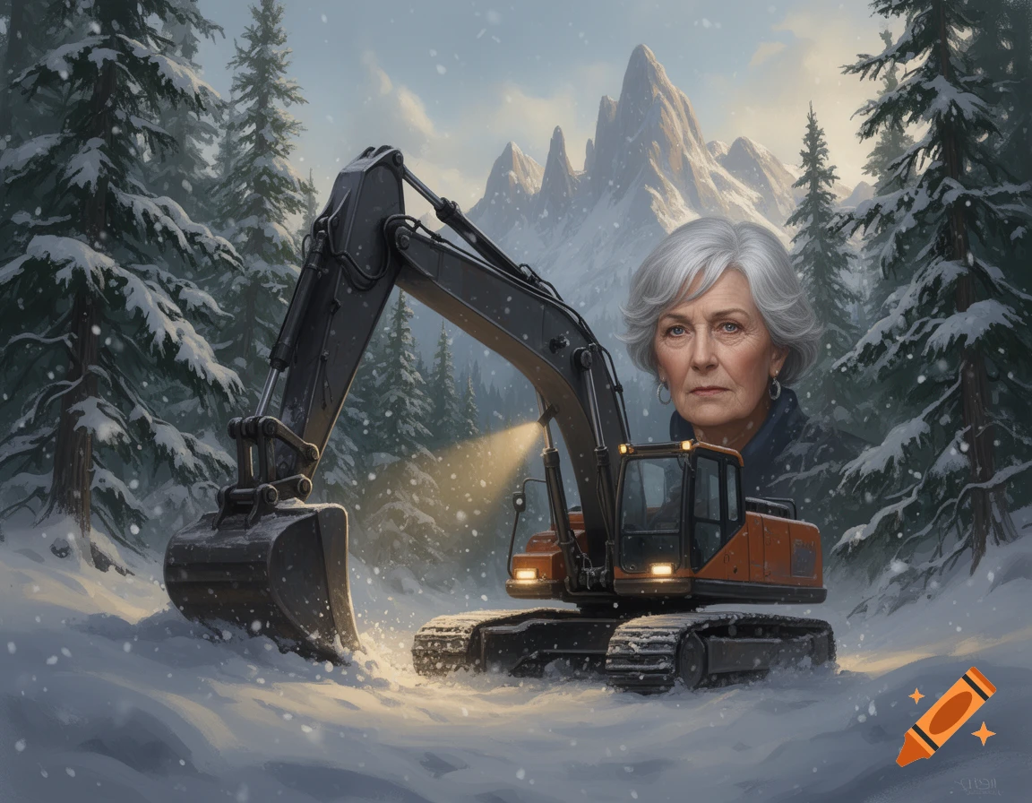 Older woman with gray hair behind an excavator in a snowy mountain forest.
