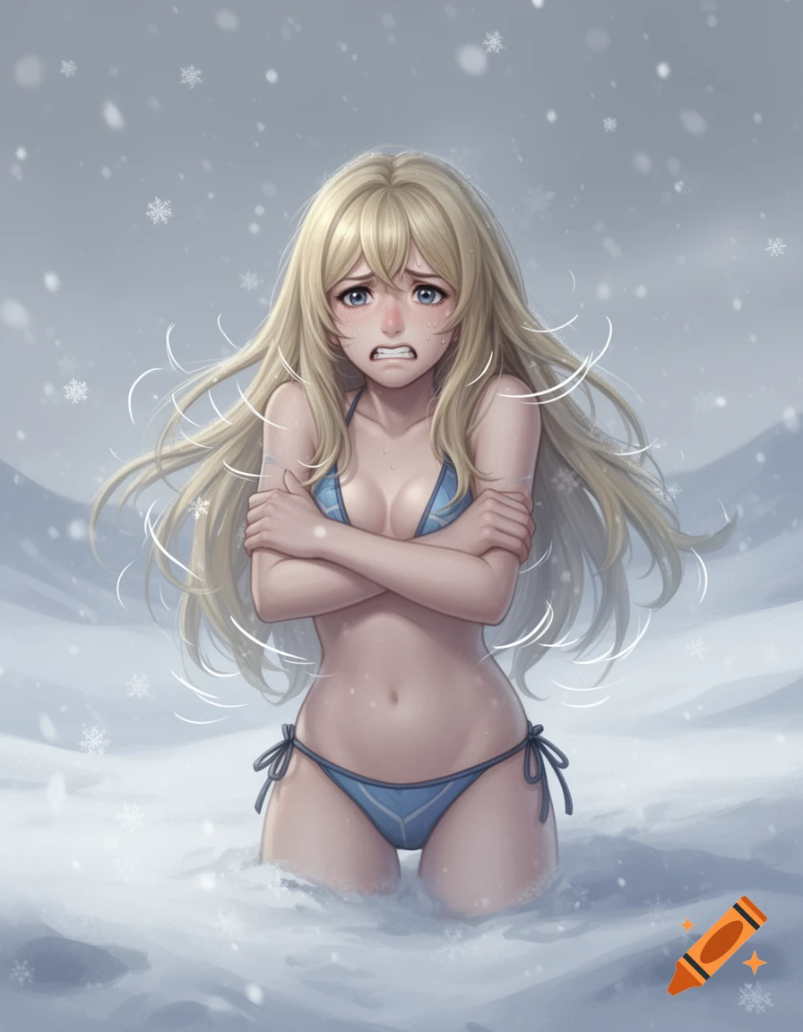 Anime illustration of a blonde woman, Mythra, in a blue bikini, shivering in deep snow as snowflakes fall.