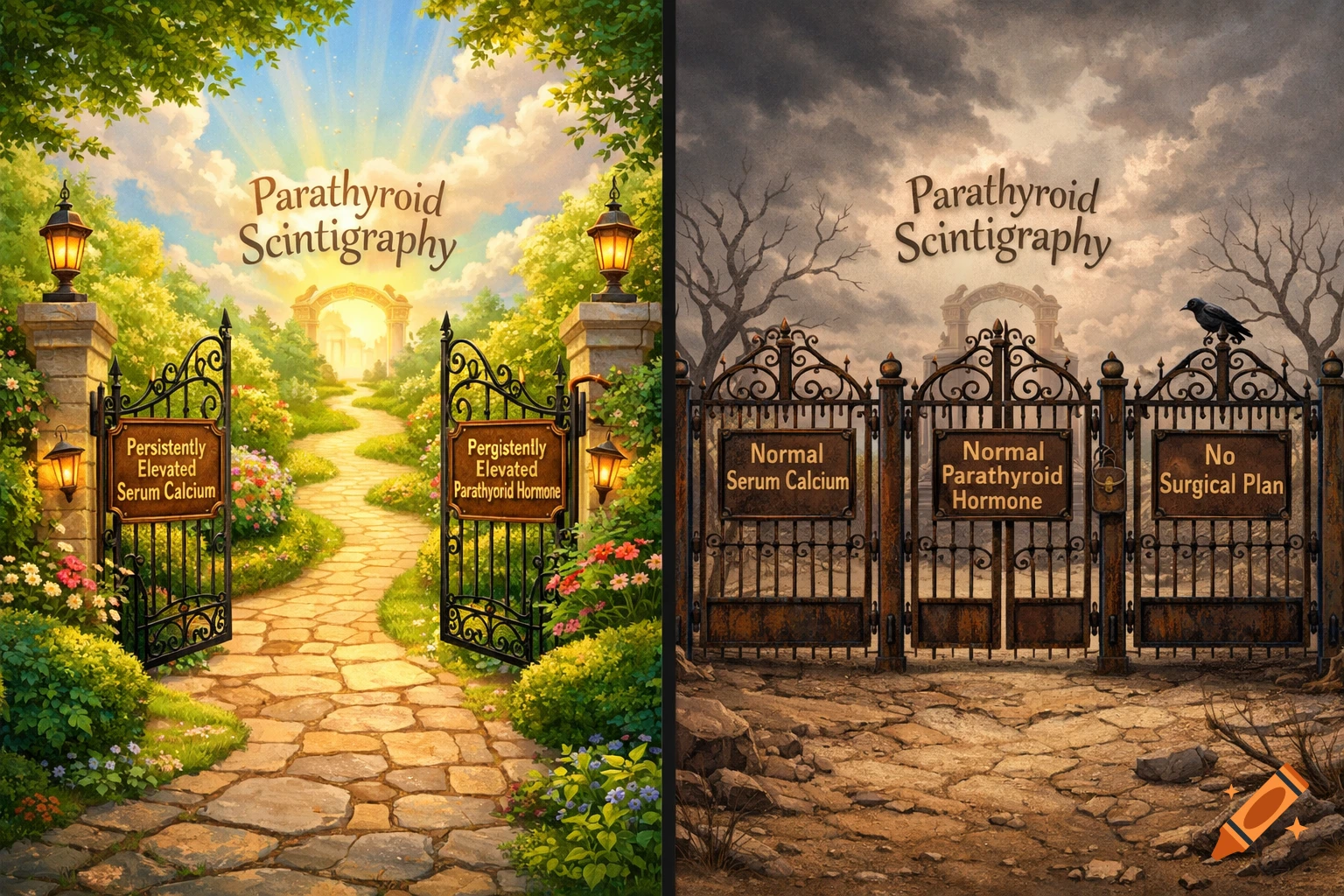 An allegorical image contrasting open gates in a sunny, green path with medical indications like "Persistently Elevated Serum Calcium" and "Persistently Elevated Parathyriod Hormone," and closed, rusty gates in a dark, barren path with contraindications like "Normal Serum Calcium" and "No Surgical Plan." The destination is "Parathyroid Scintigraphy."
