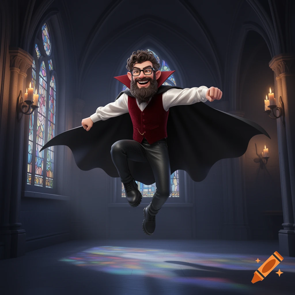 A friendly, bearded cartoon vampire with glasses, wearing a cape and red vest, jumps playfully in a gothic church with stained glass.