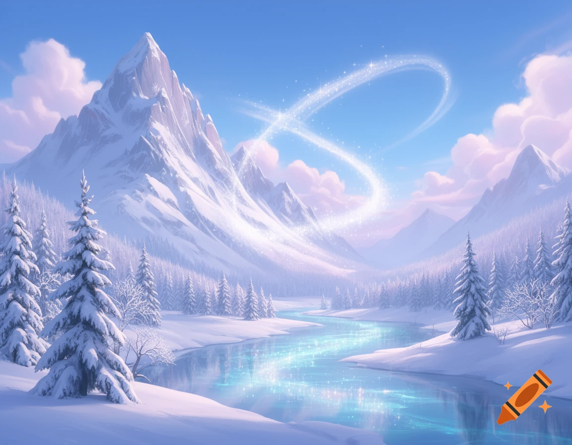 Stylized winter mountain landscape with snow-covered peaks, pine trees, a sparkling blue river, and magical light trails in the sky.