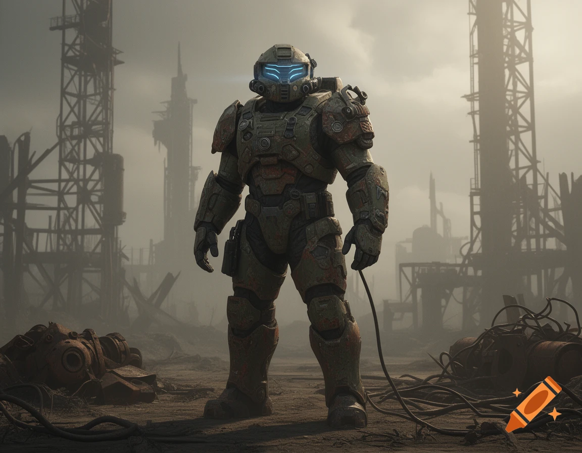 Photorealistic image of a heavily armored futuristic soldier standing in a desolate, dusty industrial wasteland with ruined structures.