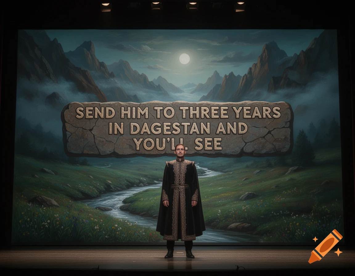 A man in a dark, ornate robe on a stage before a painted mountain landscape. A stone banner reads, 'SEND HIM TO THREE YEARS IN DAGESTAN AND YOU'LL SEE'.