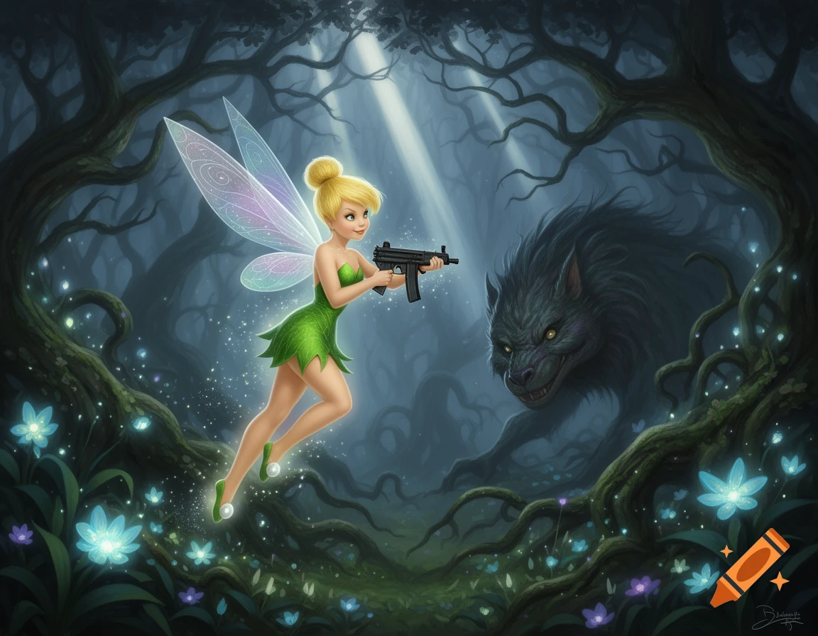 Tinkerbell, a fairy in a green dress, flies through a dark fantasy forest holding an Uzi towards a large, fierce wolf-like creature.