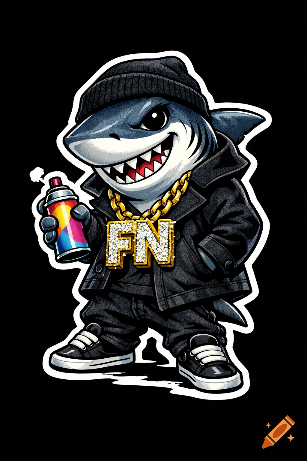 A cartoon shark rapper in a black beanie, peacoat, sneakers, and diamond FN chain, holding a spray can on a black background.
