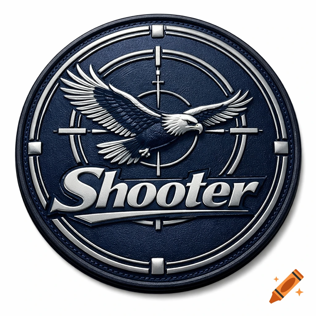 A circular, dark blue PVC patch with a silver embossed eagle, 'Shooter' text, and a target reticle design.