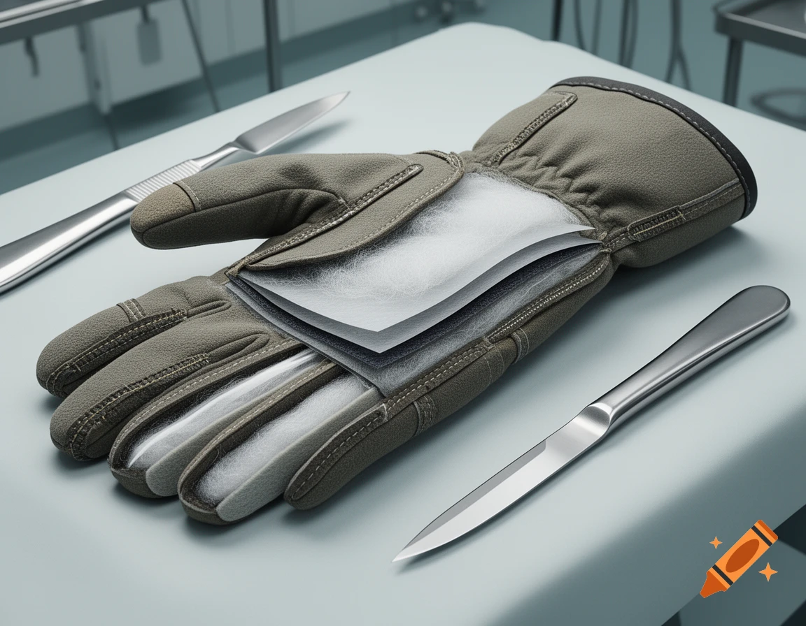 A technical cold-weather glove is dissected on a surgical table, showing its multiple layers including insulation and lining, with scalpels nearby.