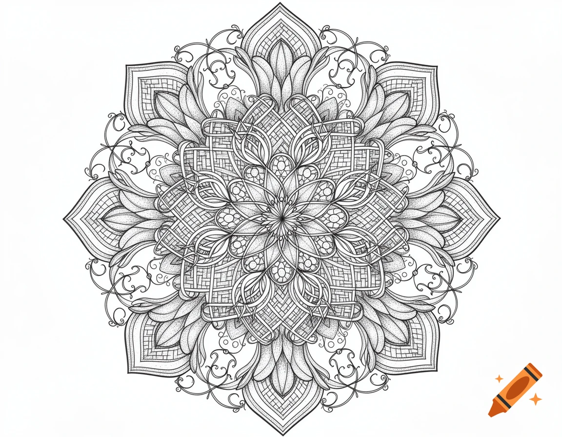 A detailed, symmetrical black and white line art mandala with intricate patterns and stippling on a white background.