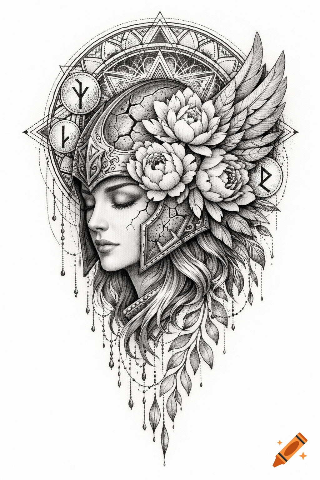 Detailed black and gray tattoo design of a Valkyrie head in profile with closed eyes, wearing a cracked Nordic helmet adorned with flowers and wings, surrounded by a sacred geometry mandala with runes.