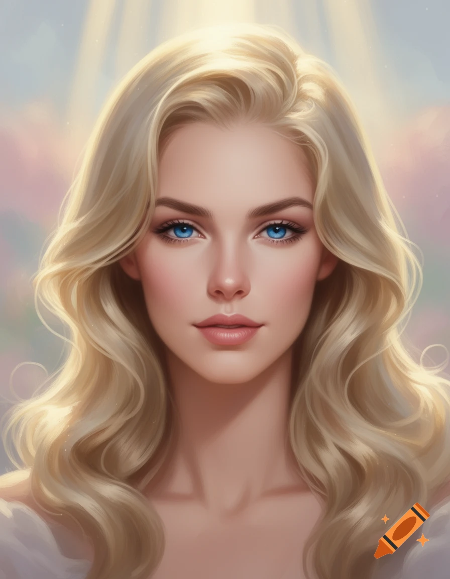 A beautiful blonde woman with bright blue eyes and wavy hair, bathed in soft, ethereal light, in a digital art style.
