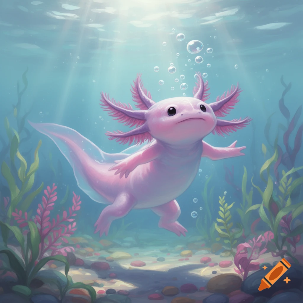 A cute pink axolotl floats playfully underwater with feathery gills, surrounded by green and pink aquatic plants.