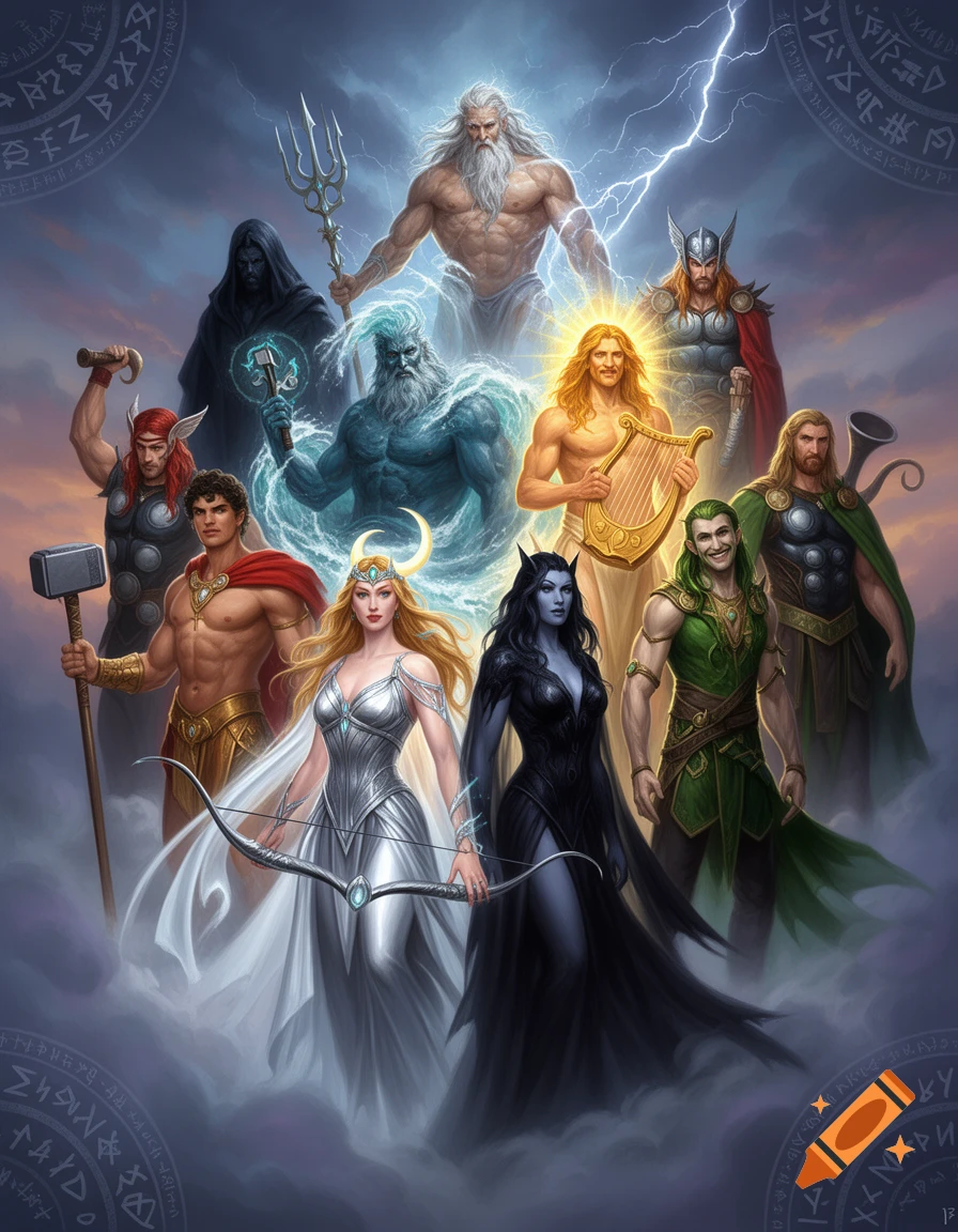 An epic group portrait of ten mythological gods and goddesses, including Zeus, Poseidon, Hades, Apollo, Artemis, Thor, Loki, Hermes, Heimdall, and Hel, standing on clouds with a stormy, lightning-filled sky.