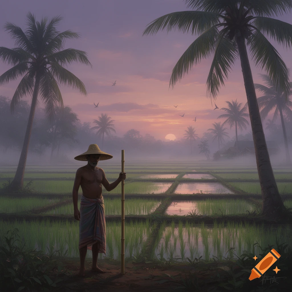 A man in a straw hat and loincloth stands in a misty rice paddy field at sunrise, surrounded by palm trees, photorealistic.