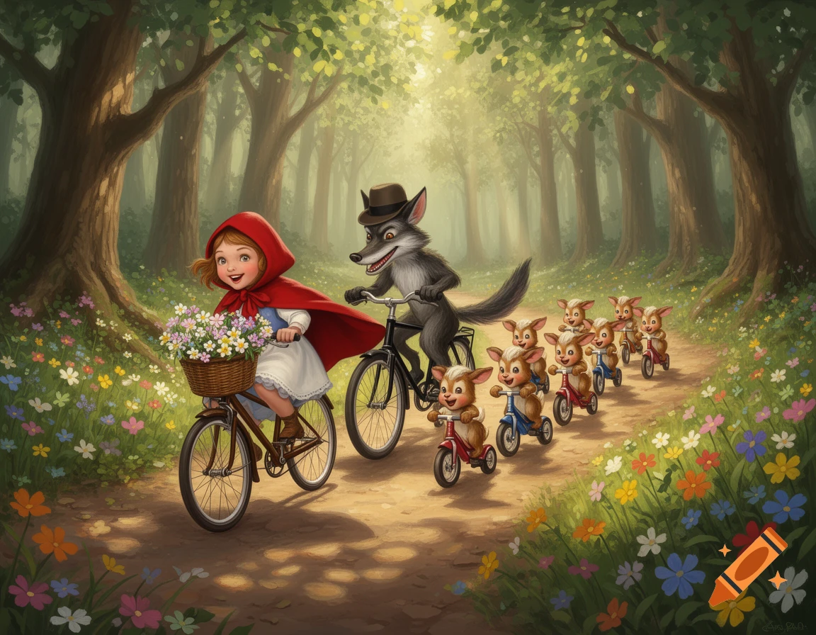 Little Red Riding Hood, the Big Bad Wolf, and seven baby goats ride bicycles on a forest path, depicted in a whimsical illustration.
