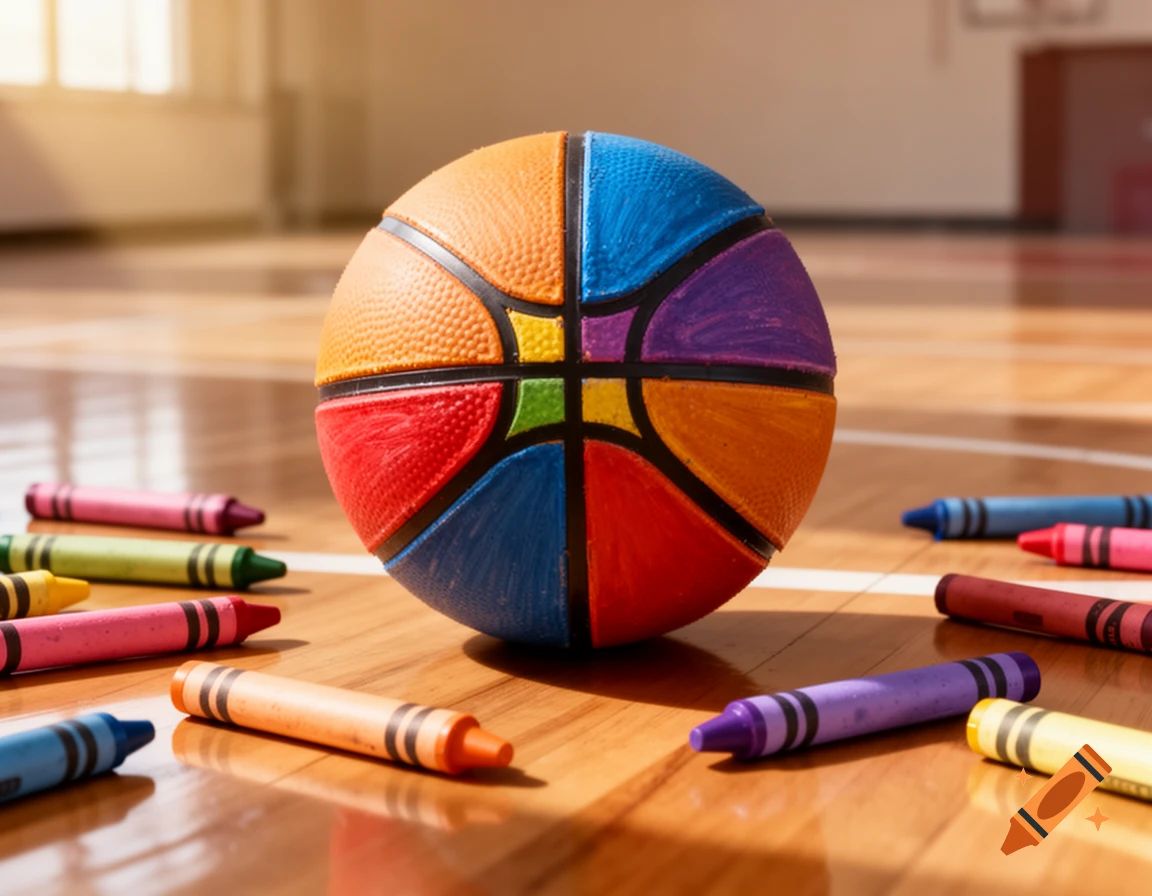 A vibrant, multicolored basketball sits on a wooden basketball court, surrounded by scattered crayons.