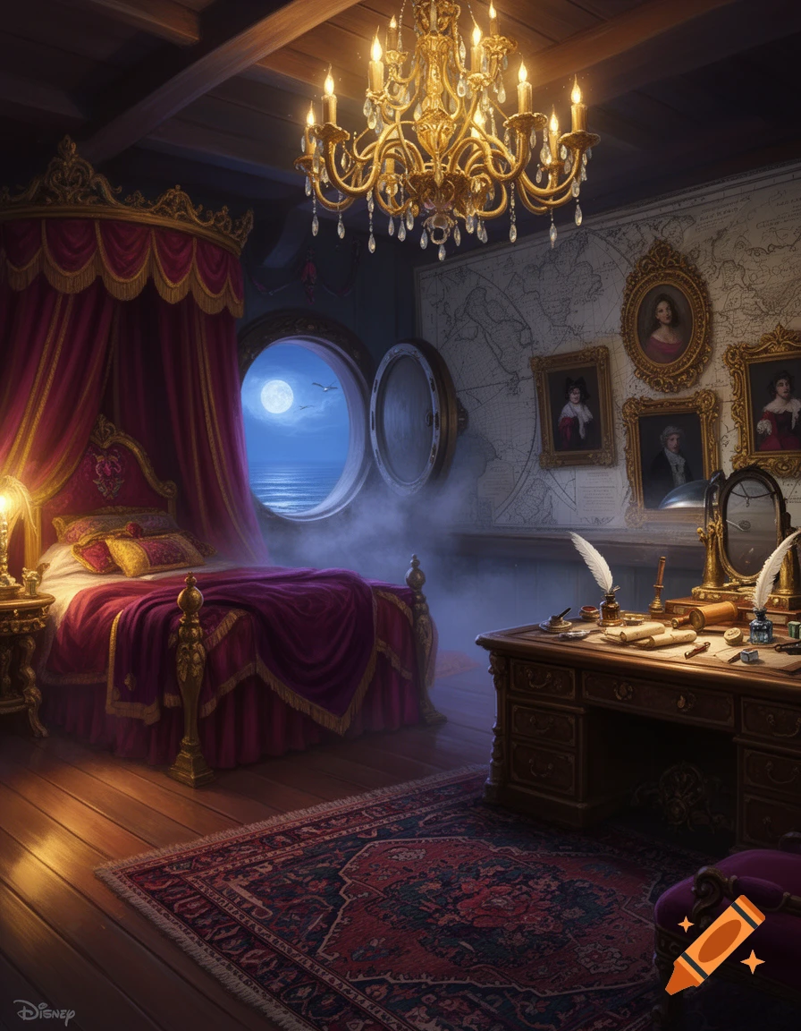 An opulent bedroom with a grand four-poster bed, a golden chandelier, a desk with quills, and a porthole window revealing a moonlit sea.
