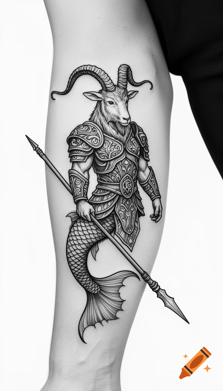 Blackwork tattoo design of a Capricorn warrior with a goat head, armored torso, fish tail, and holding a spear.
