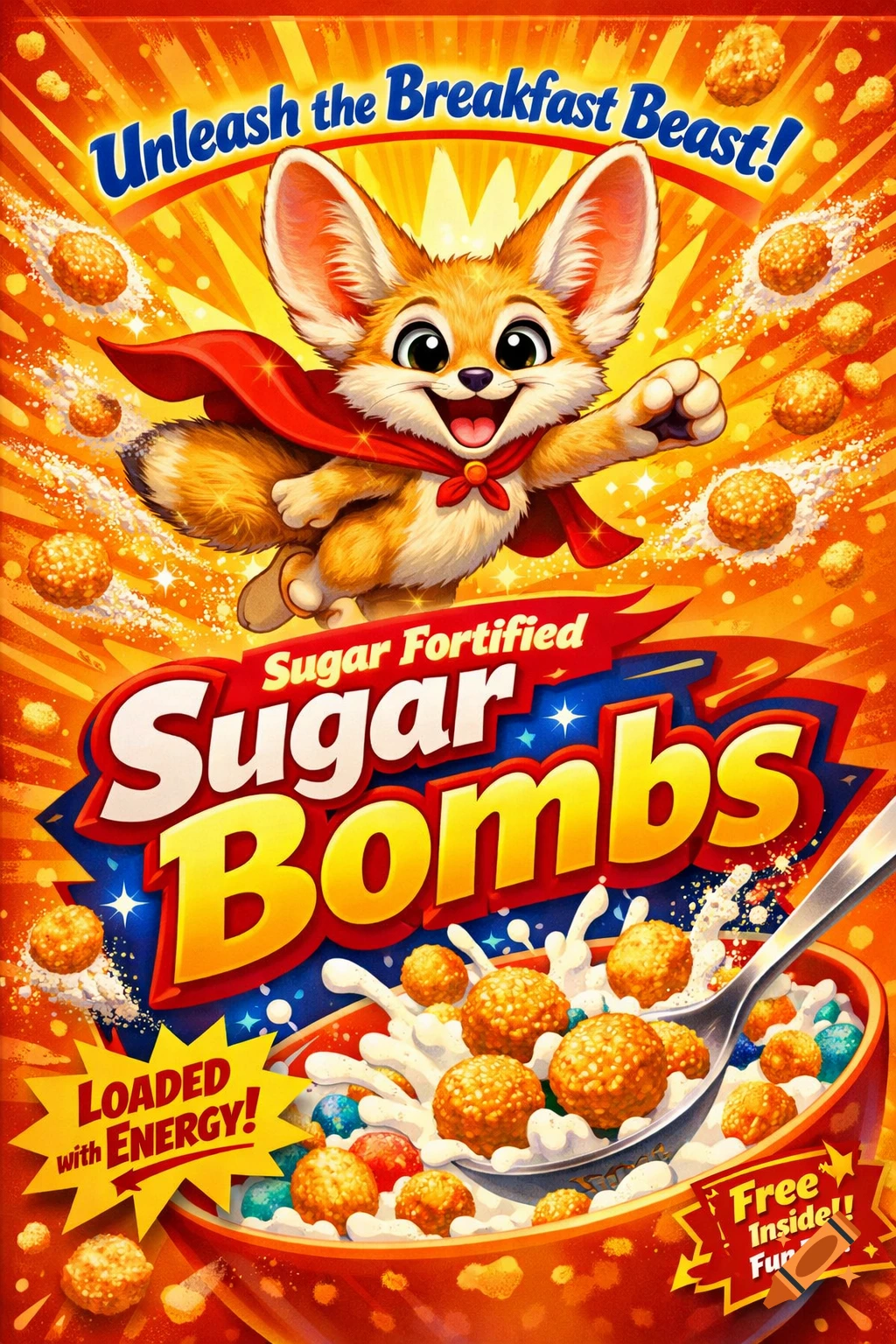 Vibrant cartoon illustration of a cereal box featuring a flying fennec fox mascot in a red cape over a bowl of cereal, with text 'Sugar Bombs'.
