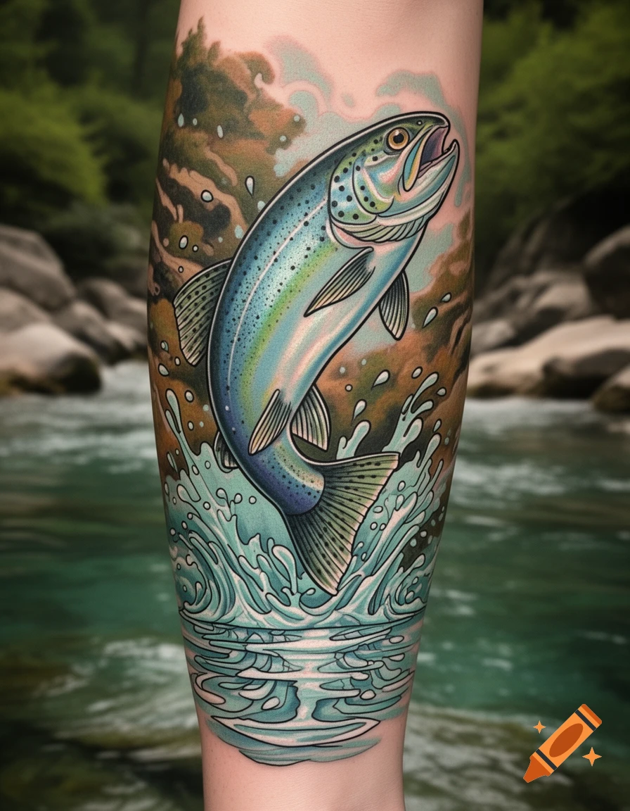 Neo-traditional tattoo of a trout jumping from water on a person's limb, with a blurred natural background.