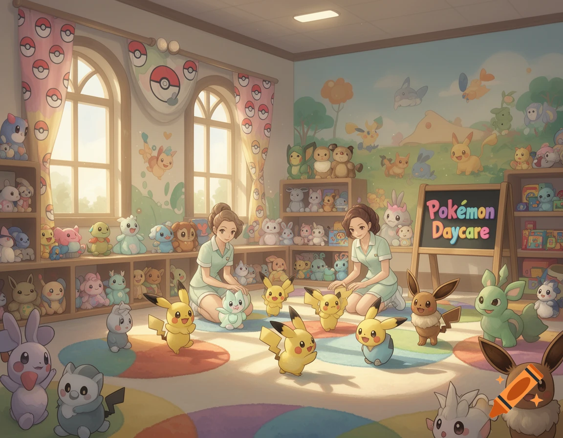 A bright, colorful Pokémon daycare room with two caretakers, many Pokémon plushies on shelves, and various Pokémon playing on a rainbow rug. A blackboard reads 'Pokémon Daycare'.