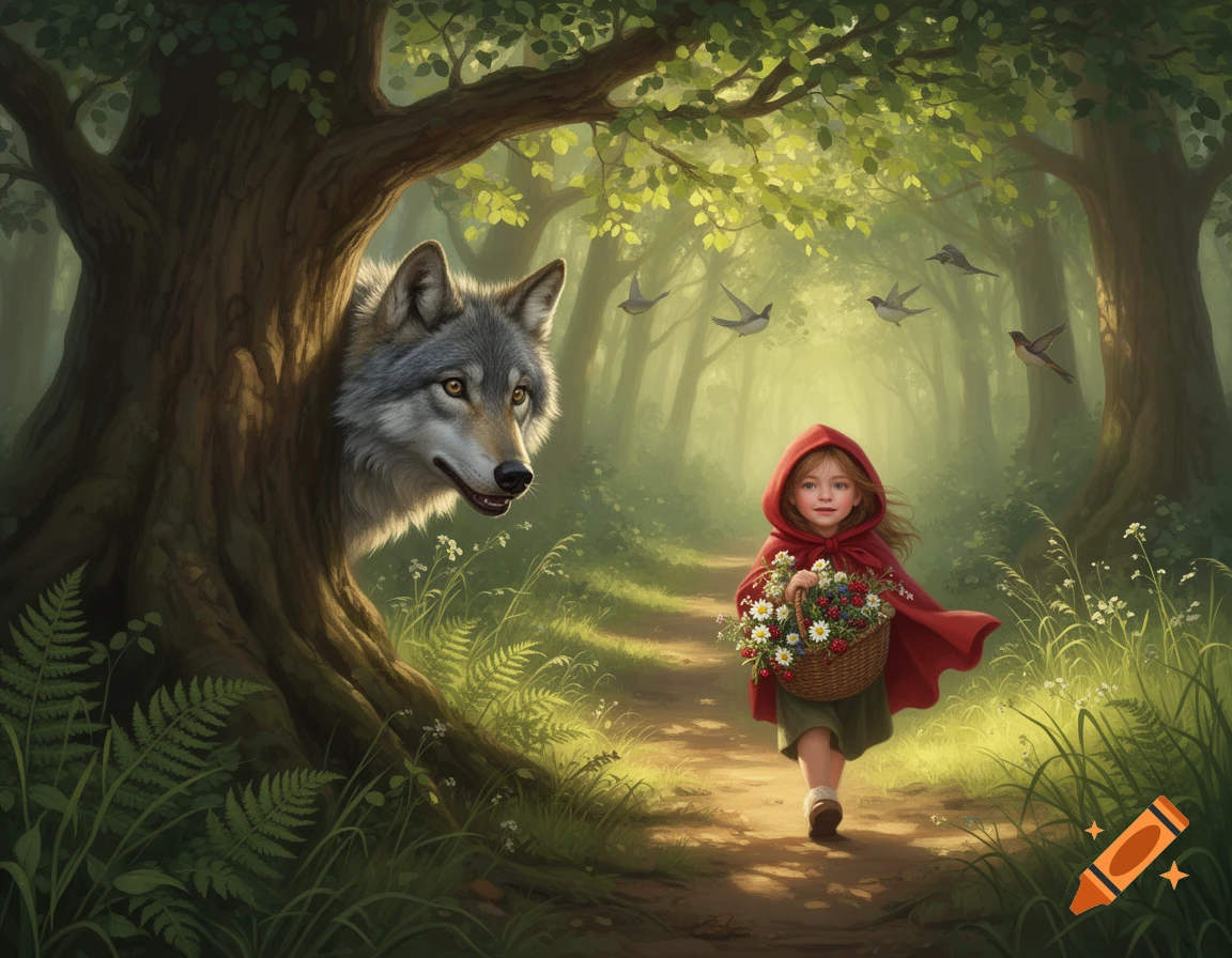 Little Red Riding Hood walks through a sunlit forest with a basket of flowers, while a wolf subtly peeks from behind a tree.