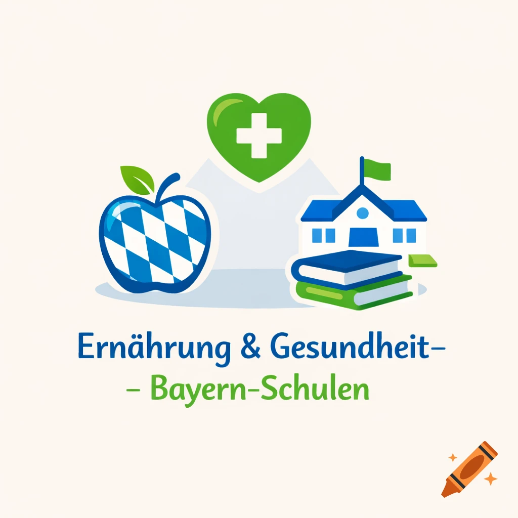 Minimalist logo with a checkered apple, a green heart with a cross, a school building, and books, with text "Ernährung & Gesundheit ".