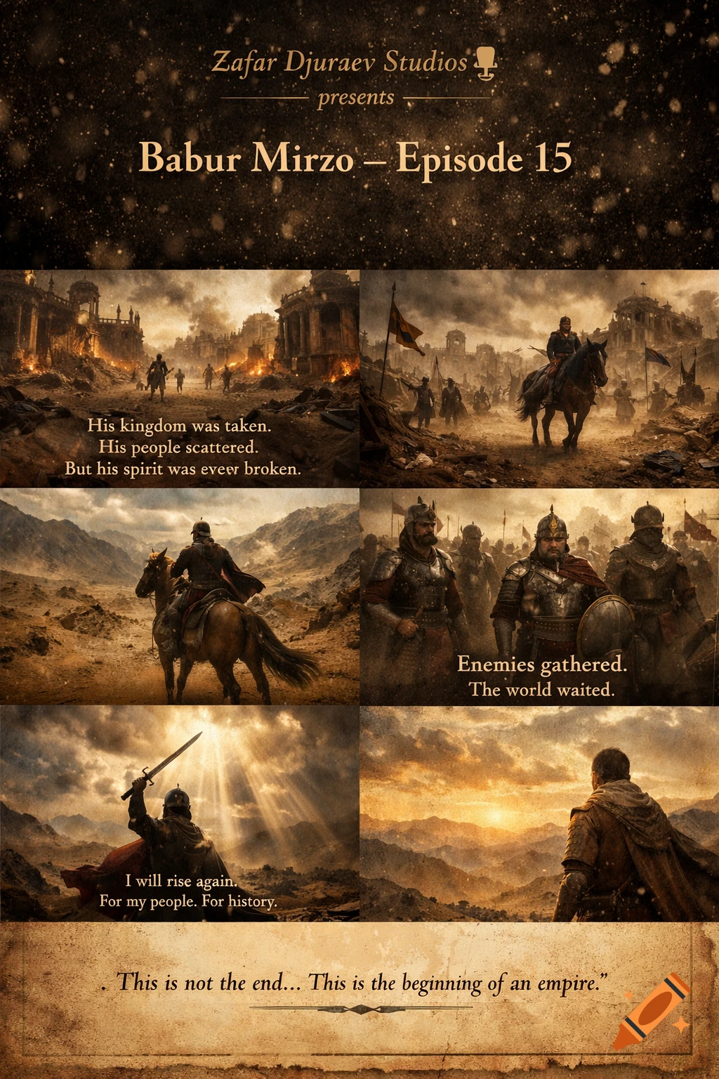 A multi-panel cinematic image depicting an epic historical narrative. Scenes include a burning city, a lone warrior on horseback in a desolate landscape, armored soldiers, a warrior raising a sword under dramatic light, and a final shot of a man overlooking a sunset. Narrative text is overlaid on the scenes, with an old parchment texture at the bottom.
