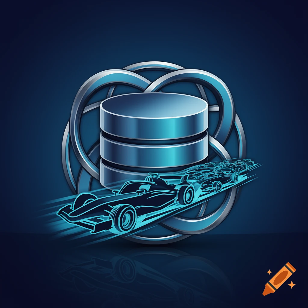A stylized blue icon featuring a database symbol with a futuristic racing car speeding in the foreground, on a dark blue background.