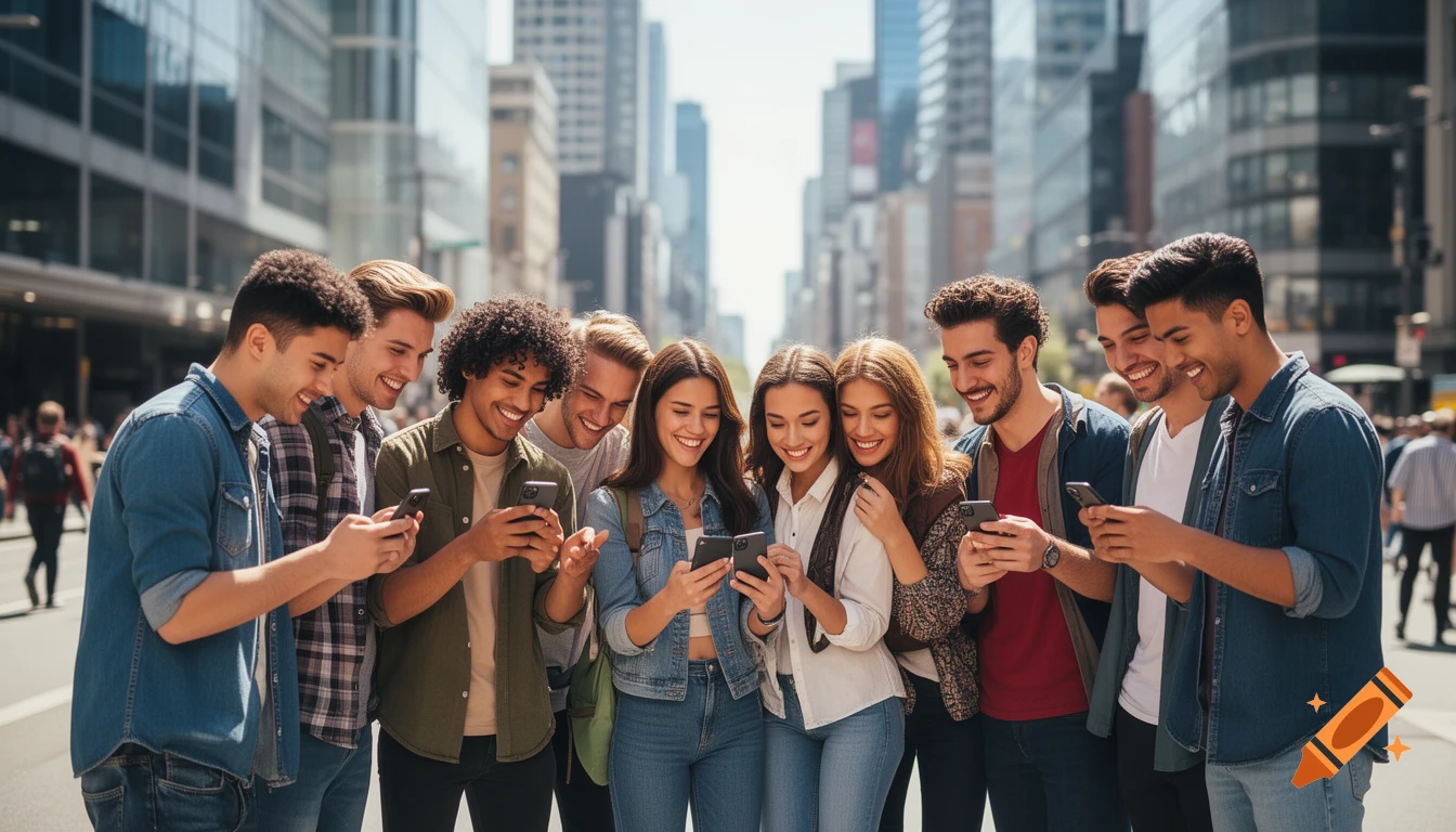 A diverse group of smiling young adults looks at their mobile phones on a busy city street, captured in a bright, photorealistic style.