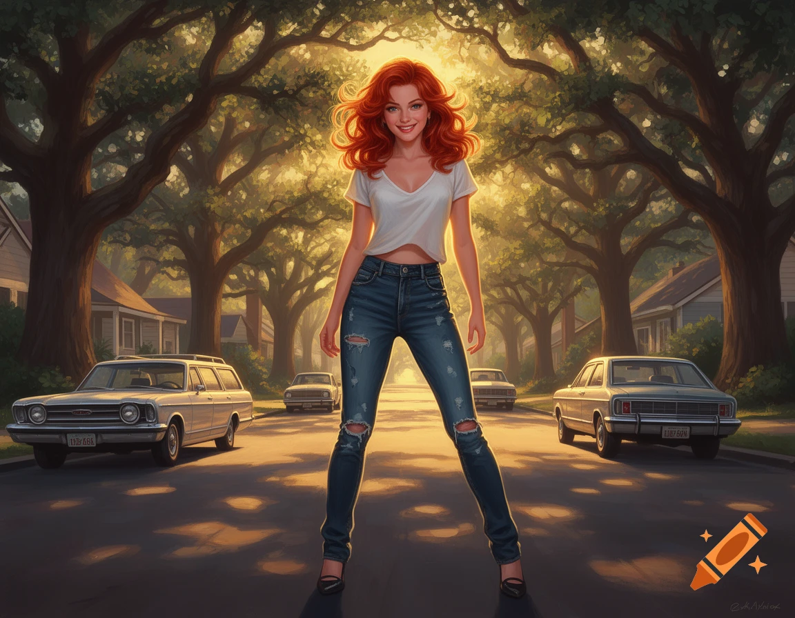 A smiling woman with fiery red hair in a white crop top and ripped jeans stands on a sunny suburban street with classic cars.