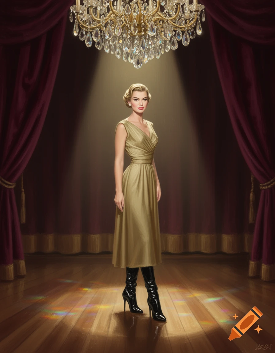 An elegant woman in a gold dress and black stiletto boots stands under a spotlight and crystal chandelier on a stage.