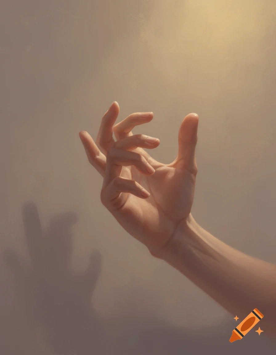 A painterly image of a human hand, fingers slightly curled, reaching upward against a soft beige background with a faint shadow.
