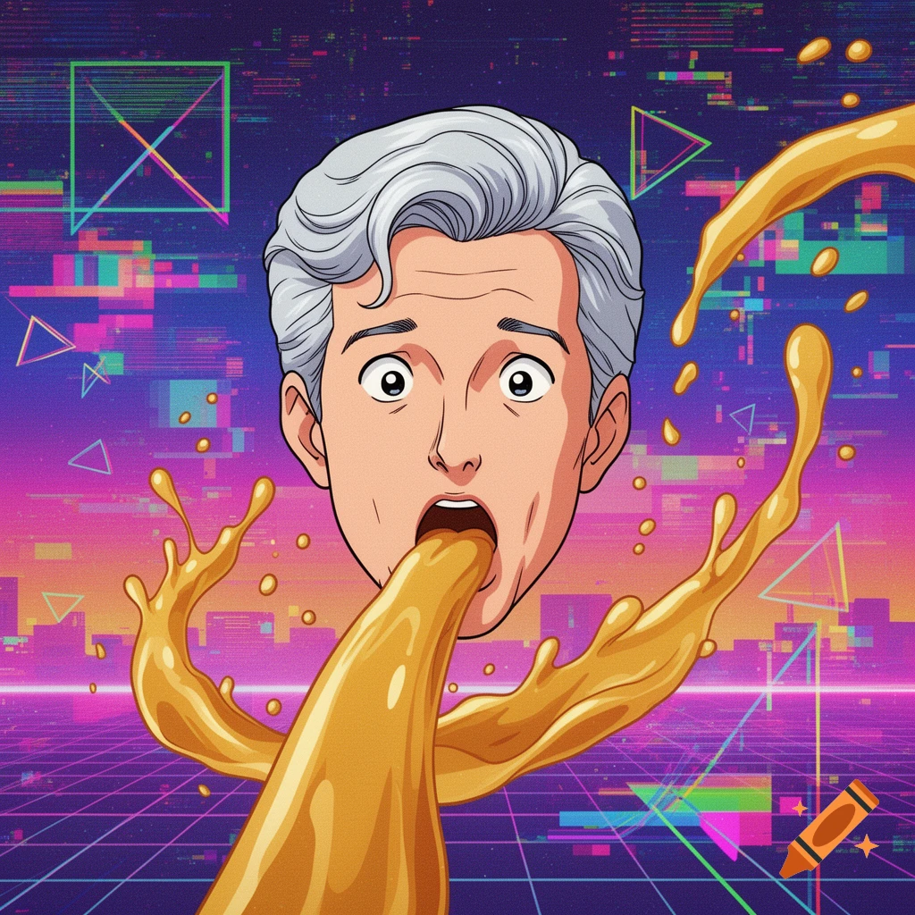 Cartoon head of Anderson Cooper barfing butterscotch pudding in 80s anime style with a glitchy retro background.