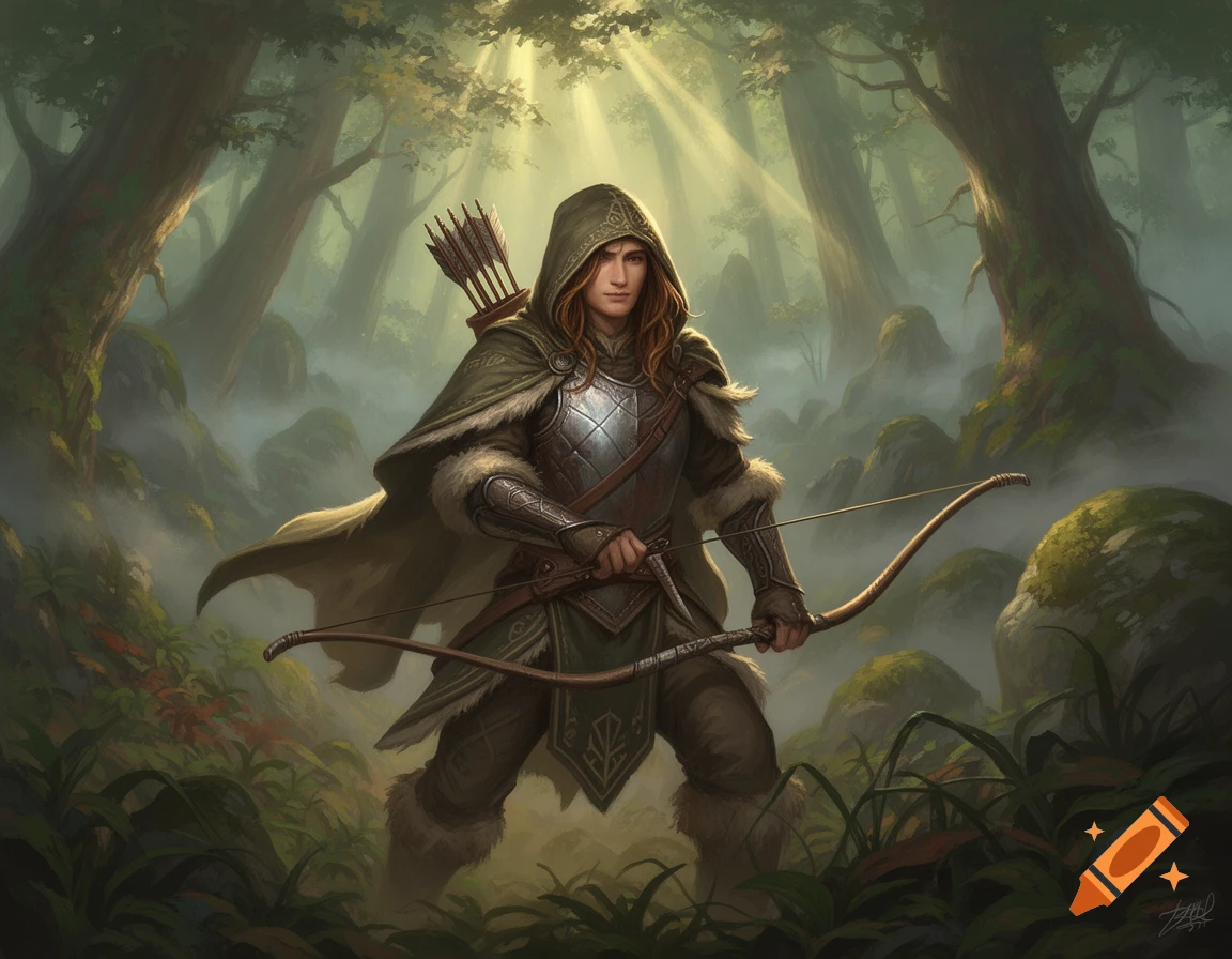 A half-elf ranger with a hooded cloak and breastplate stands in a misty forest, holding a long bow.