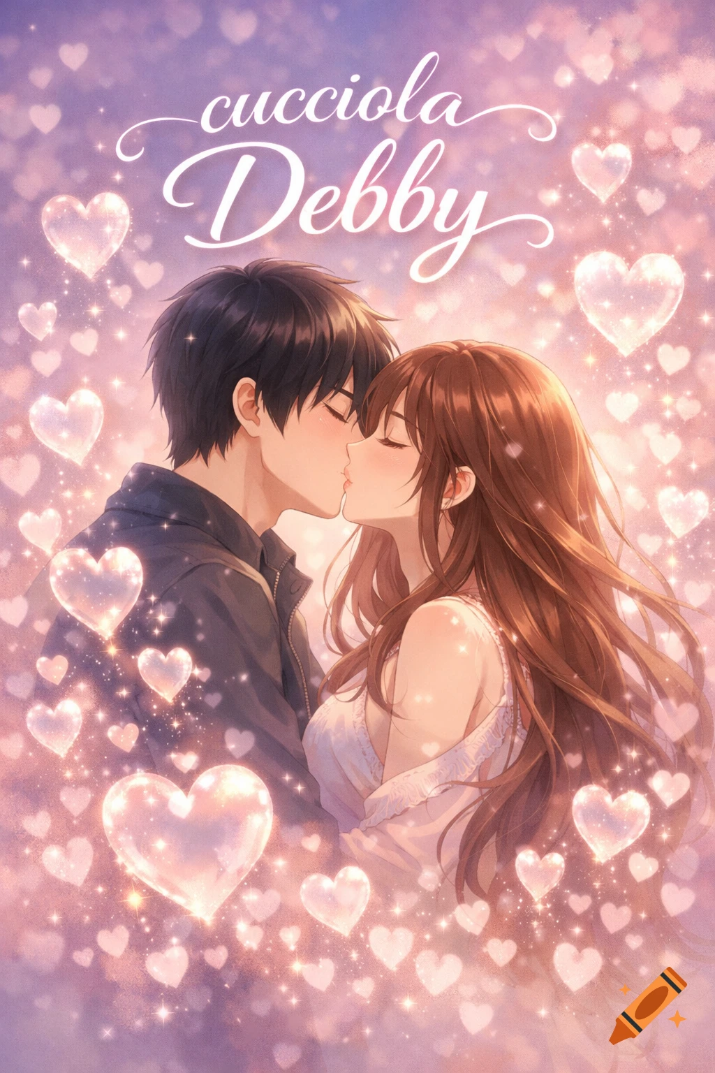 An anime couple, a man with black hair and a woman with brown hair, share a romantic kiss surrounded by glowing hearts, with 'cucciola Debby' text.