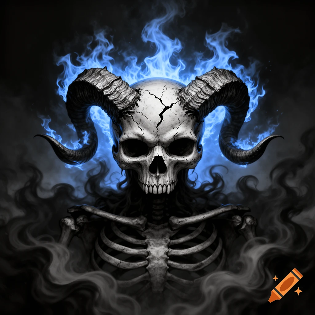 A stylized depiction of a cracked, horned skull with glowing blue flames emanating from behind it, atop a skeleton surrounded by dark smoke.