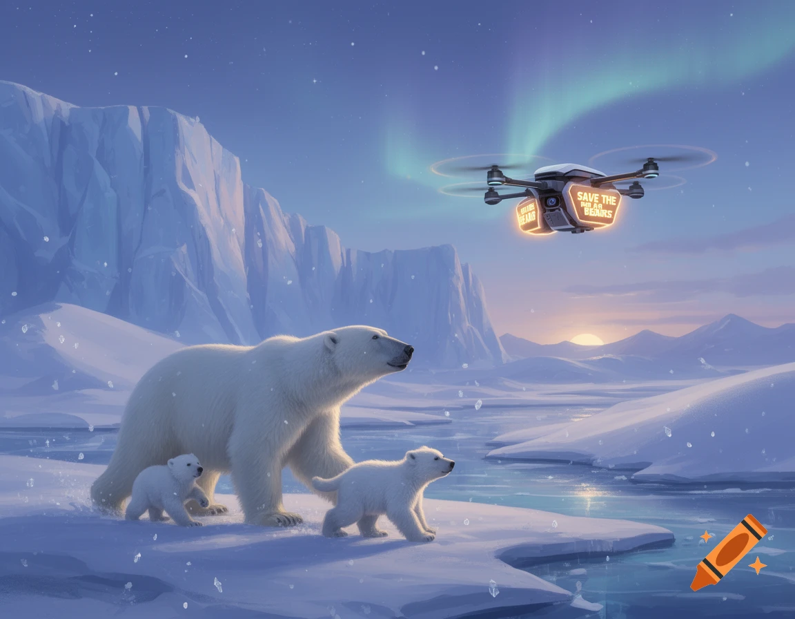 A mother polar bear and two cubs walk on snowy ice floes as a drone with 'SAVE THE POLAR BEARS' flies under the northern lights.