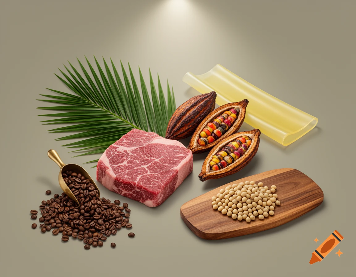 Still life of raw beef, coffee beans, cocoa pods, a palm leaf, soybeans on a wooden board, and a translucent rubber sheet.