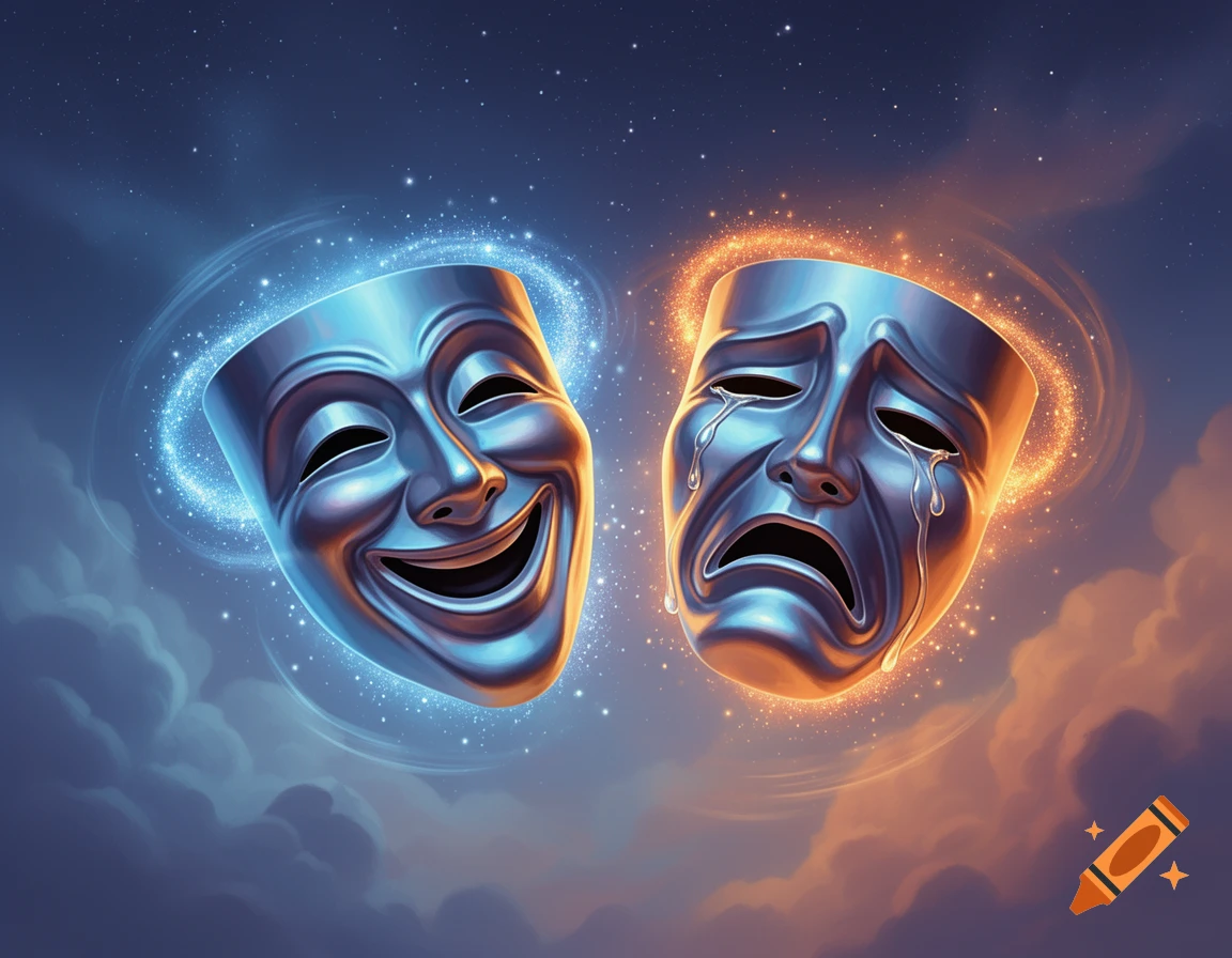 Two metallic theatrical masks, one happy with a blue glow and one sad with an orange glow, against a starry twilight sky with clouds.