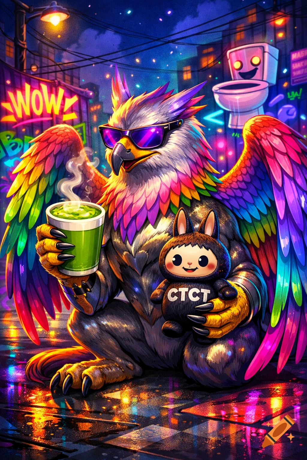 A vibrant, rainbow-winged griffin in sunglasses sips a matcha latte while holding a black 'CTCT' plushie, set in a neon city street with a smiling toilet in the background.