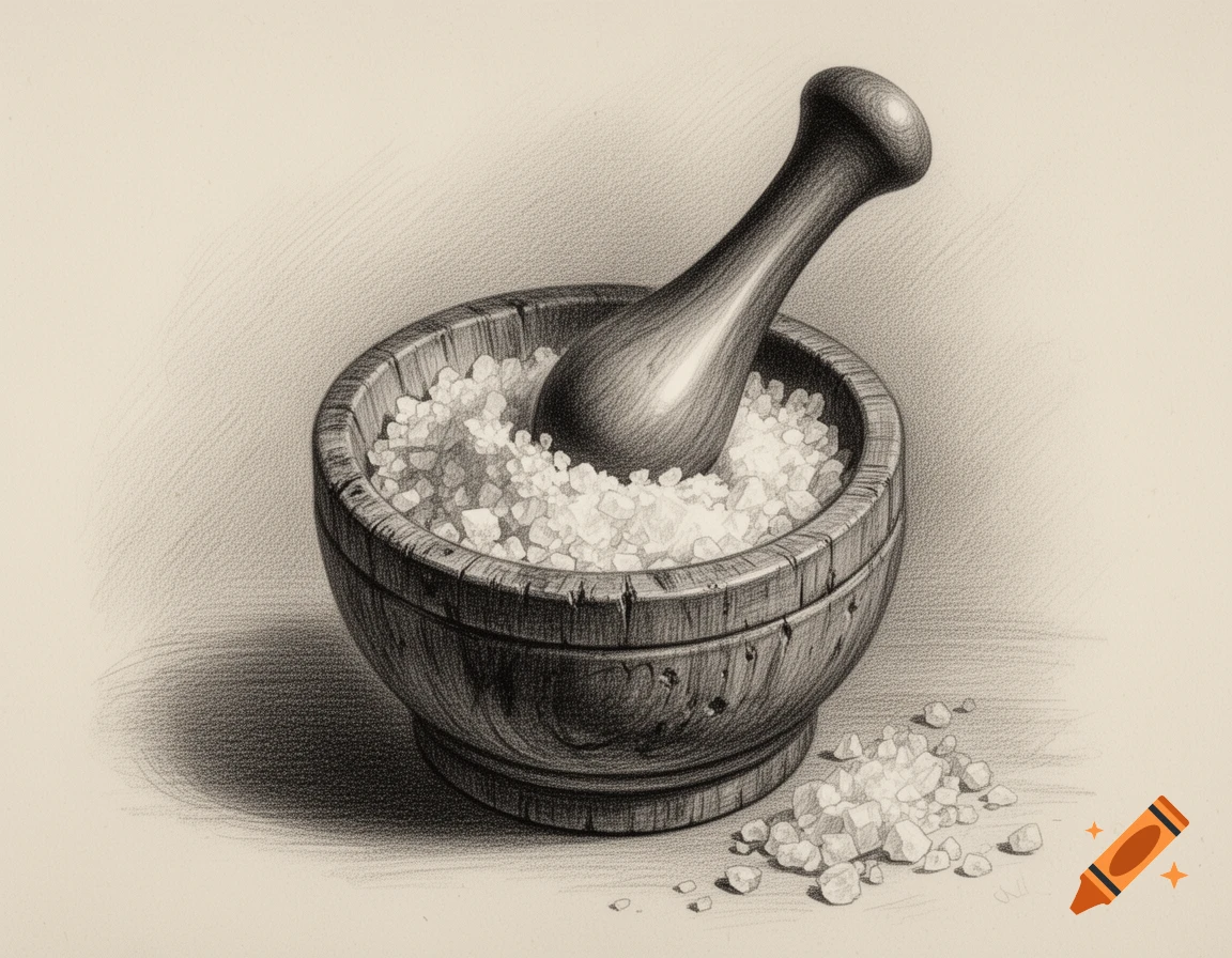 Pencil drawing of a wooden mortar and pestle filled with coarse salt, with some salt spilled next to it.