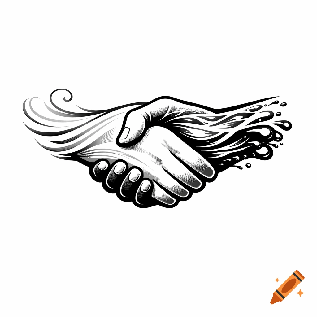 Black and white logo of two hands shaking, one made of swirling air, the other of splashing water.