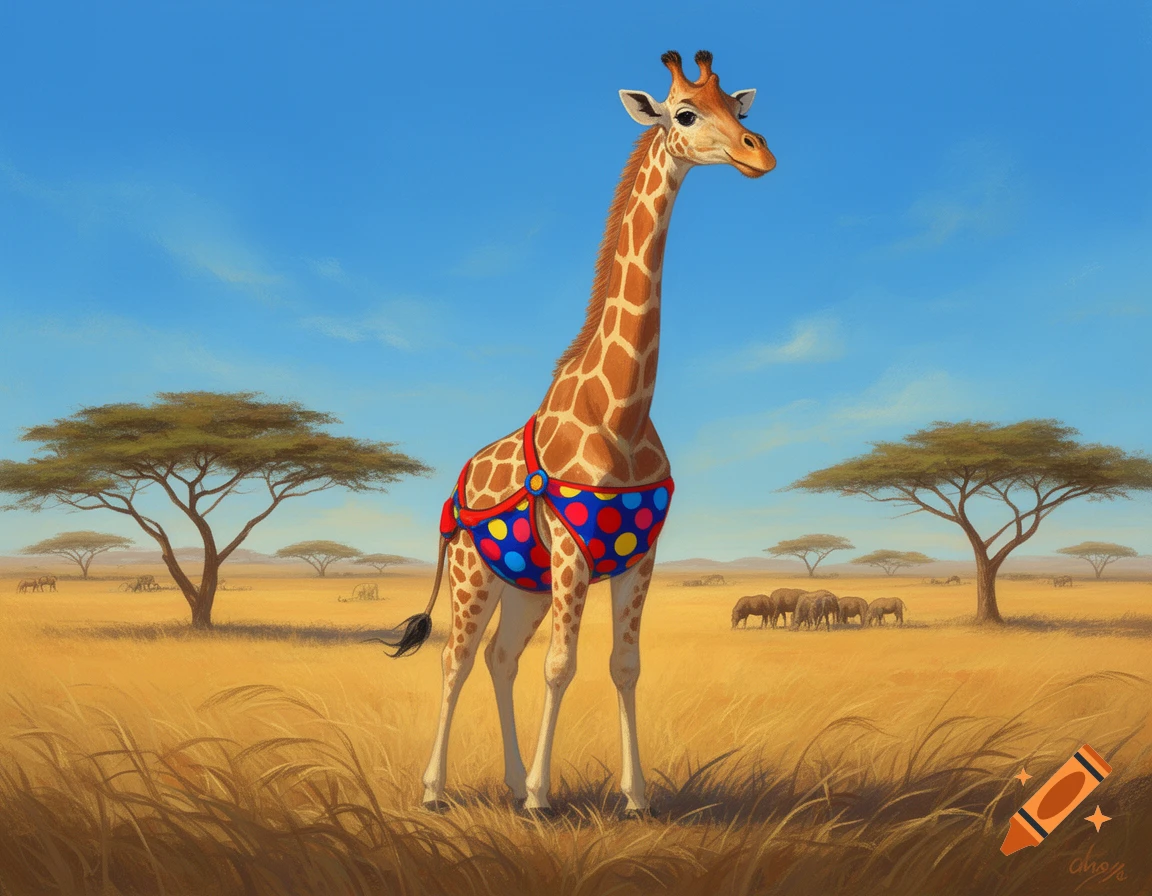 A whimsical giraffe wearing colorful polka-dotted briefs stands in a golden savanna with acacia trees under a blue sky.