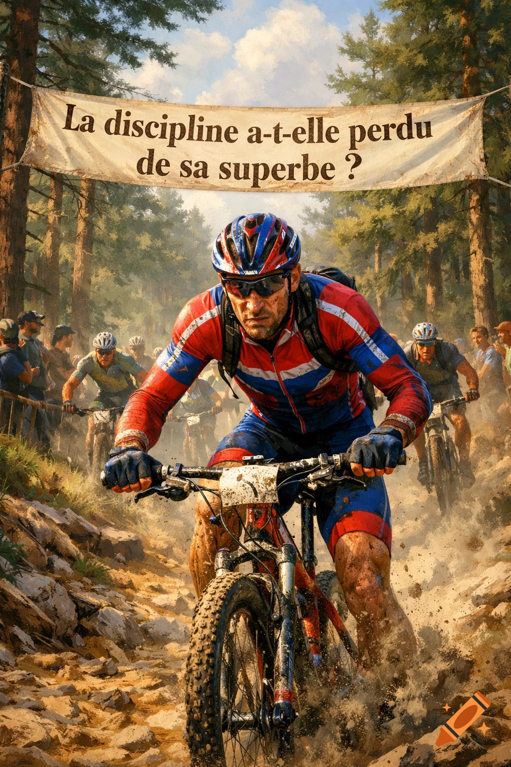 A determined mountain biker in a red, white, and blue jersey rides a muddy trail under a banner, kicking up dirt. Painterly style.