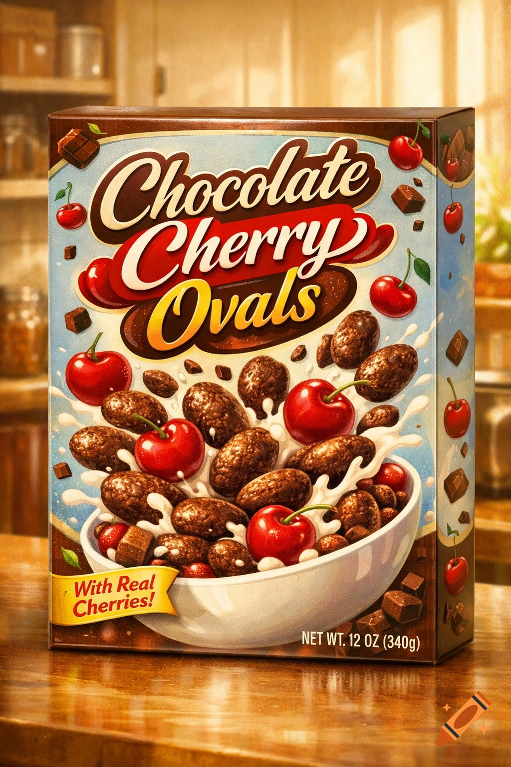 A colorful cereal box for "Chocolate Cherry Ovals" with illustrations of chocolate cereal, red cherries, and milk splashes in a white bowl, set on a wooden counter.