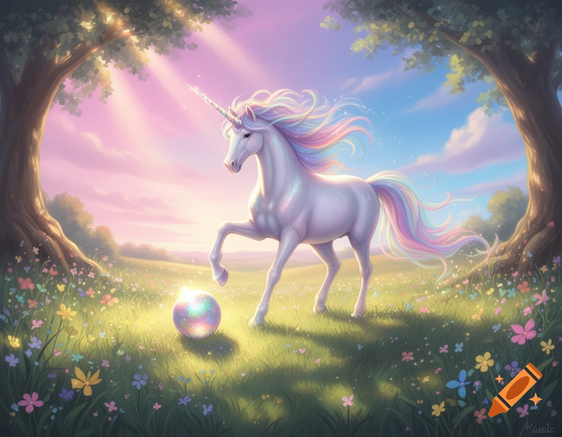 A white unicorn with a rainbow mane stands in a sunny, flowery meadow with a glowing, iridescent ball, framed by trees against a pink and blue sky.