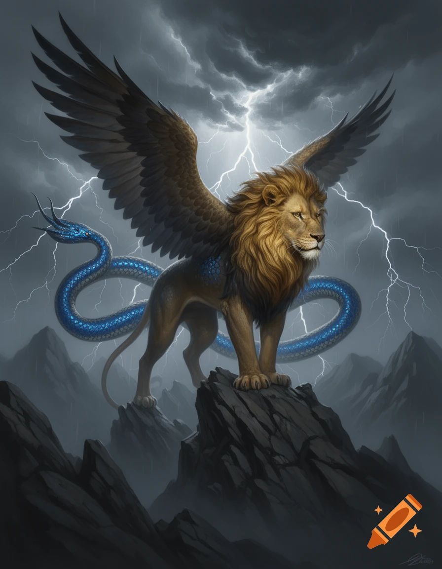 A majestic winged lion with a blue snake tail stands on a rocky peak under a stormy, lightning-filled sky.