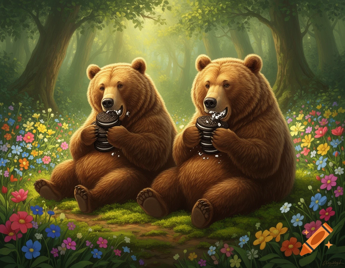 Two cartoonish grizzly bears sit in a vibrant, sunlit forest clearing filled with colorful wildflowers, happily eating stacks of Oreo cookies.