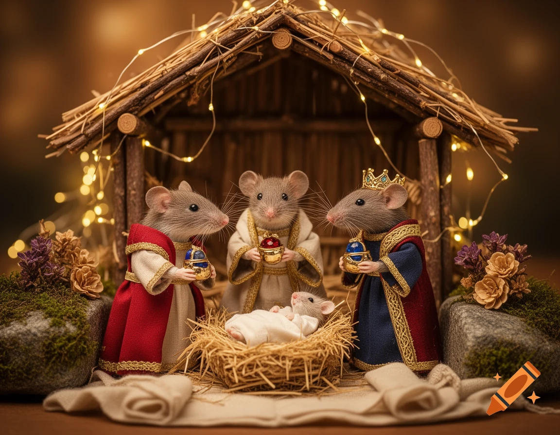 A taxidermy mouse nativity scene featuring three mice dressed as wise men surrounding a baby mouse in a manger under a rustic stable with string lights.